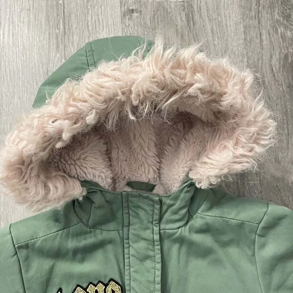 The Children’s Place Girl’s Green Faux Fur Lined Hooded Full Zip Parka Coat XS 4